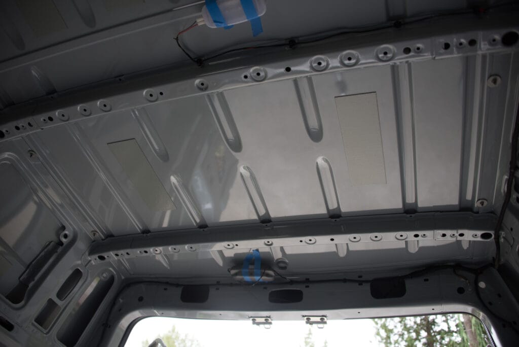 The ceiling location at the back of the van where the fan will go.