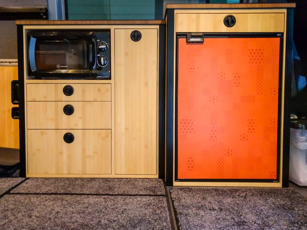 Microwave, pantry and fridge cabinets