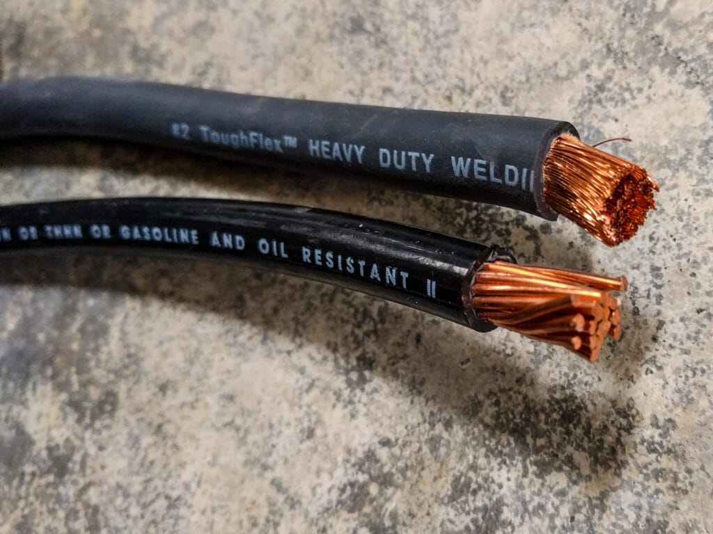 2 AWG welding cable (top) and regular 2 AWG (bottom)