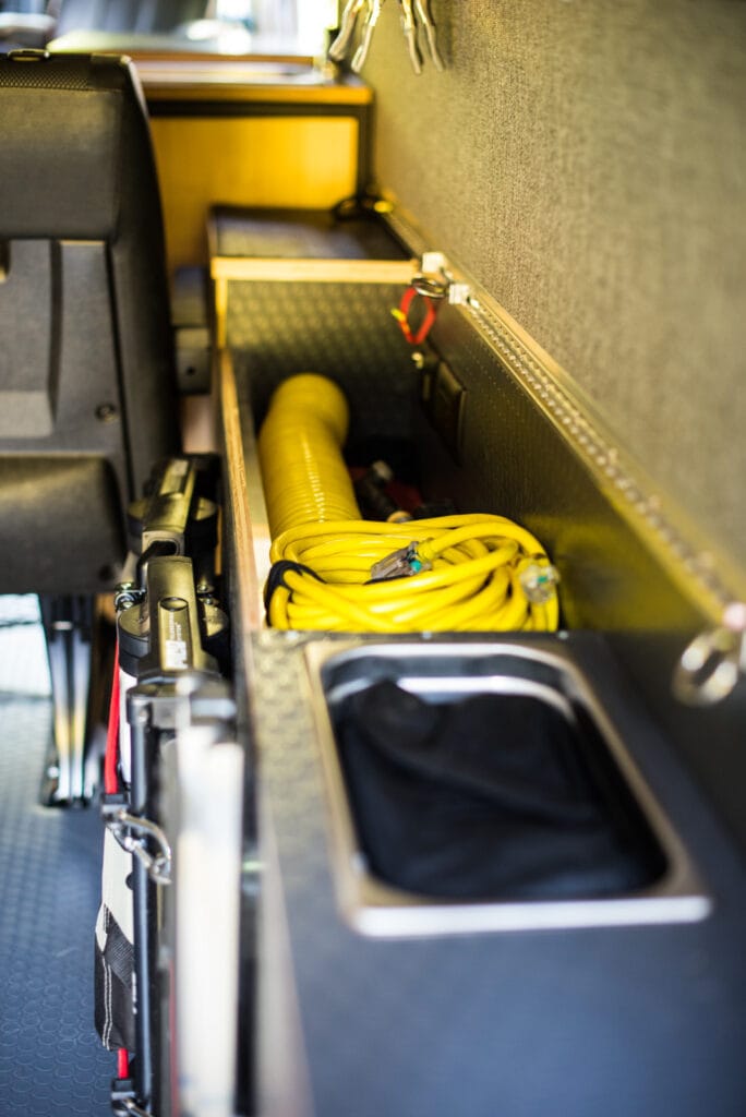 Storage above rear wheel well, l-track to attach cargo tie-downs