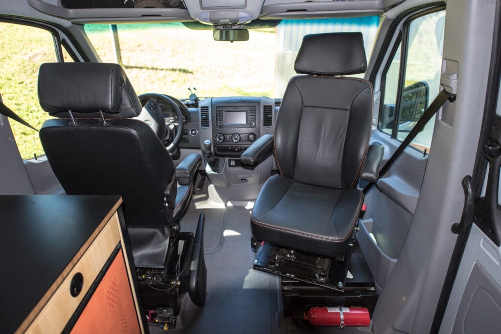 Passenger seat swivels to make more usable living space