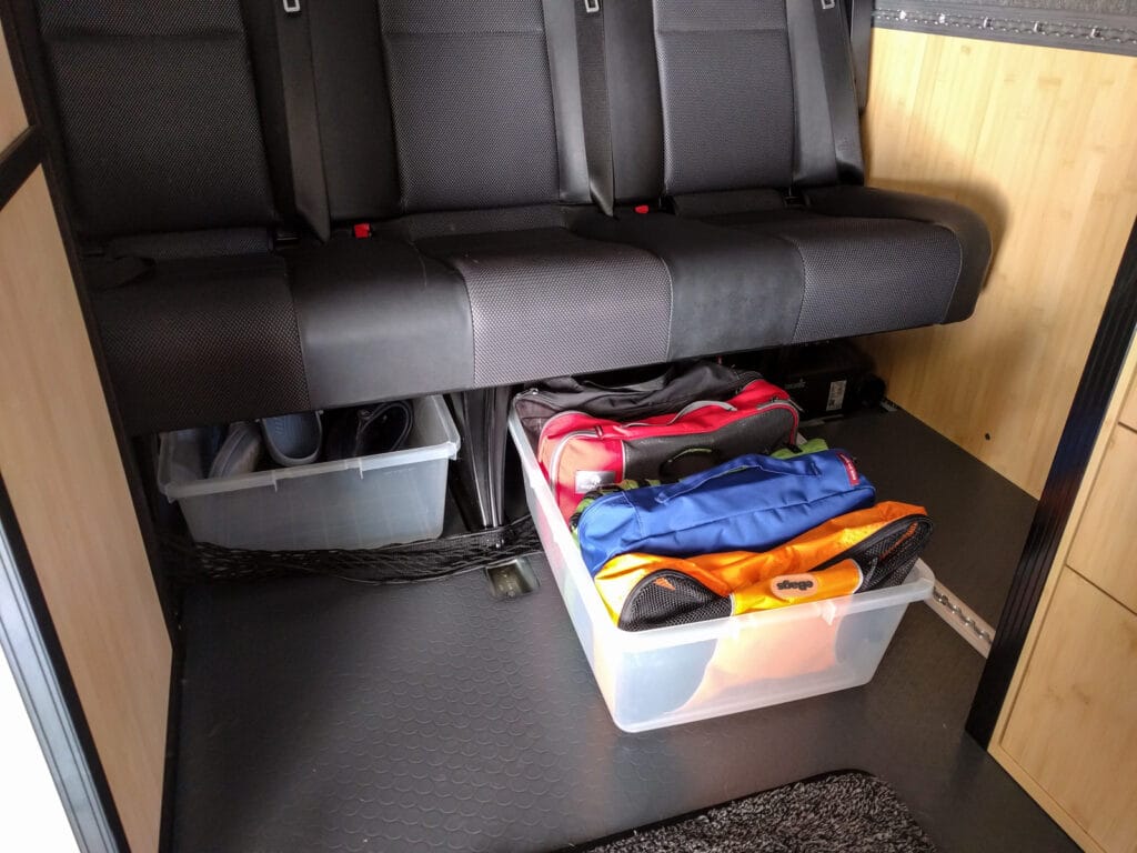 Packing cubes in tub under bench seat