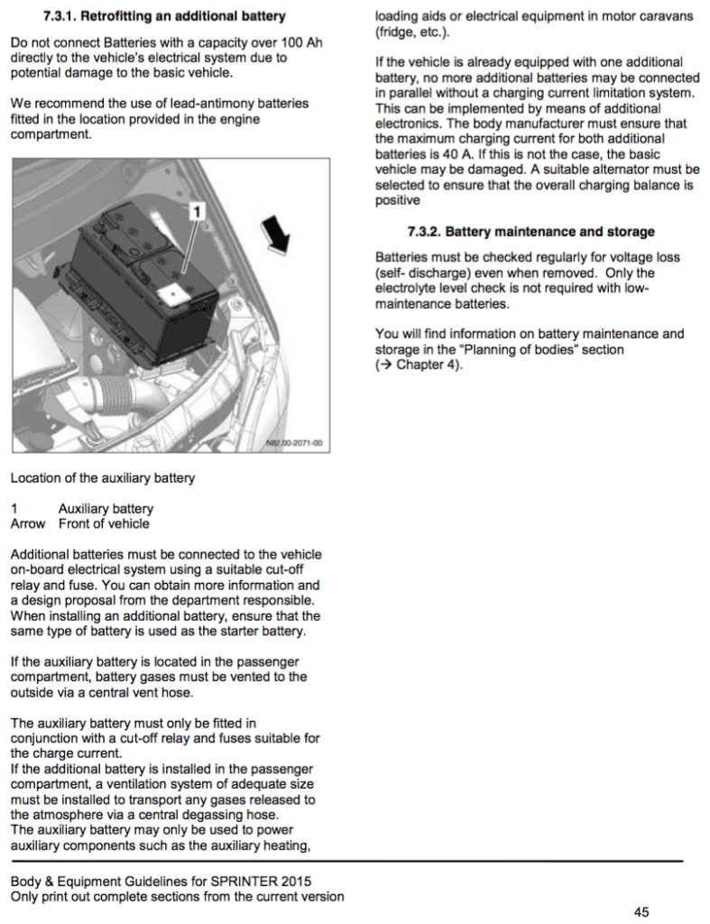 Page 45 of the 2015 Mercedes Body and Equipment Guidelines - aux battery info