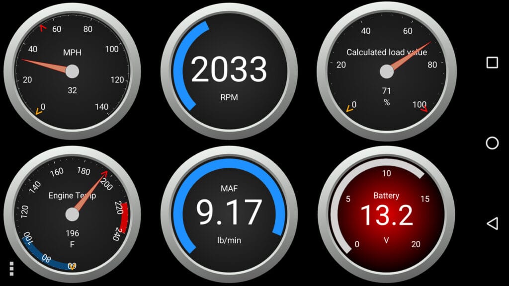 OBD Fusion had the clearest gauges. They don't all try to mimic real-life gauges. Instead they use the phone display well. 