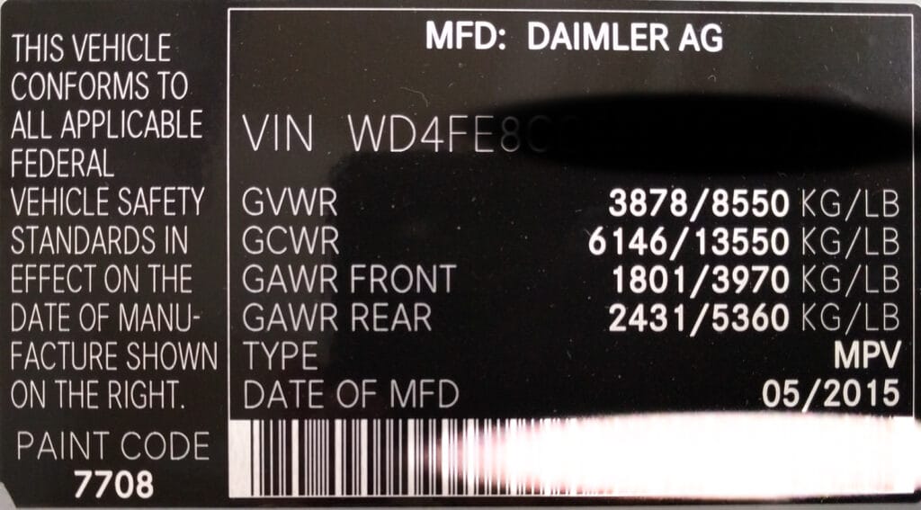Sprinter Vehicle Identification Placard on driver's seat base