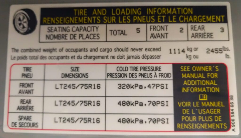 B-pillar sticker showing actual payload capacity and tire pressures