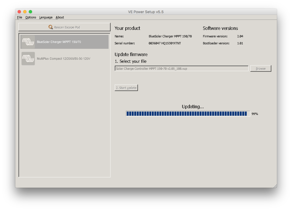 You can remotely update solar controller firmware, but not MultiPlus firmware