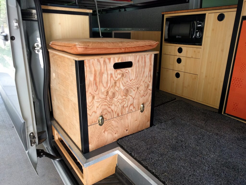 The toilet cabinet with its Ikea seat cushion Velcroed in place