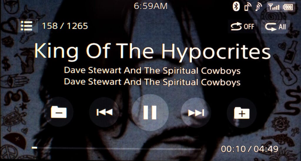 Music playing in the Sony native interface - very similar controls to the Android Auto version