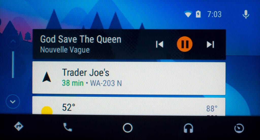 Android Auto uses "cards" to show discrete pieces of information such as weather, navigation, music, or texts