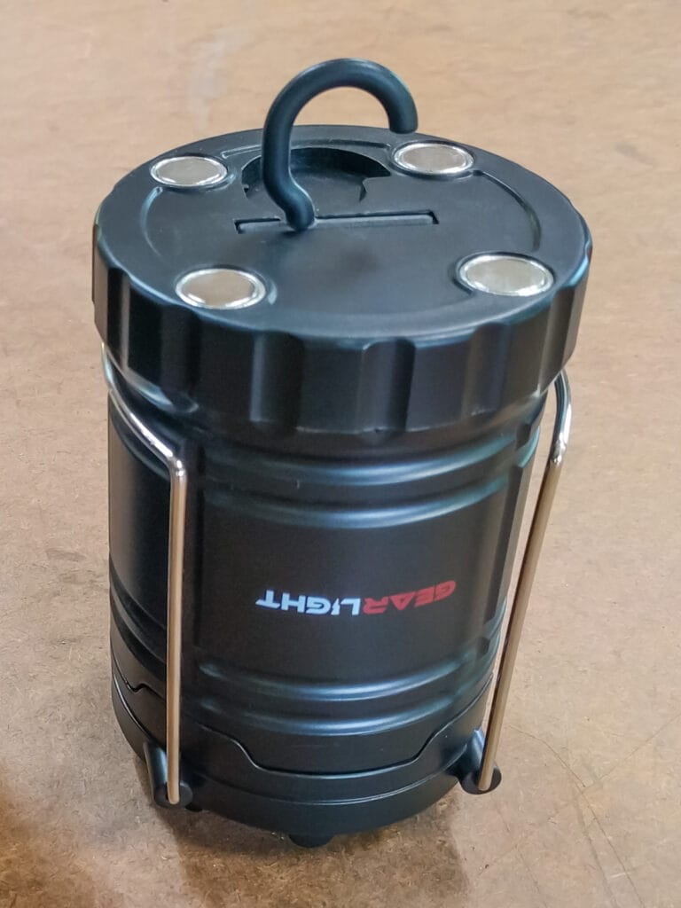 Fold-out hook and magnets on the base of the GearLight lantern.