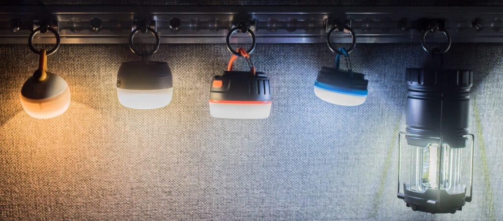How the lanterns look at night. The Mini Hozuki (left) is the warmest color. The generic lantern (second from right) has the bluest/coldest light.